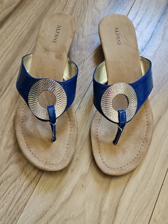 Alfani Shoes - Alfani Women's Navy Blue Thong Sandals with Gold Medallion Size 8.5